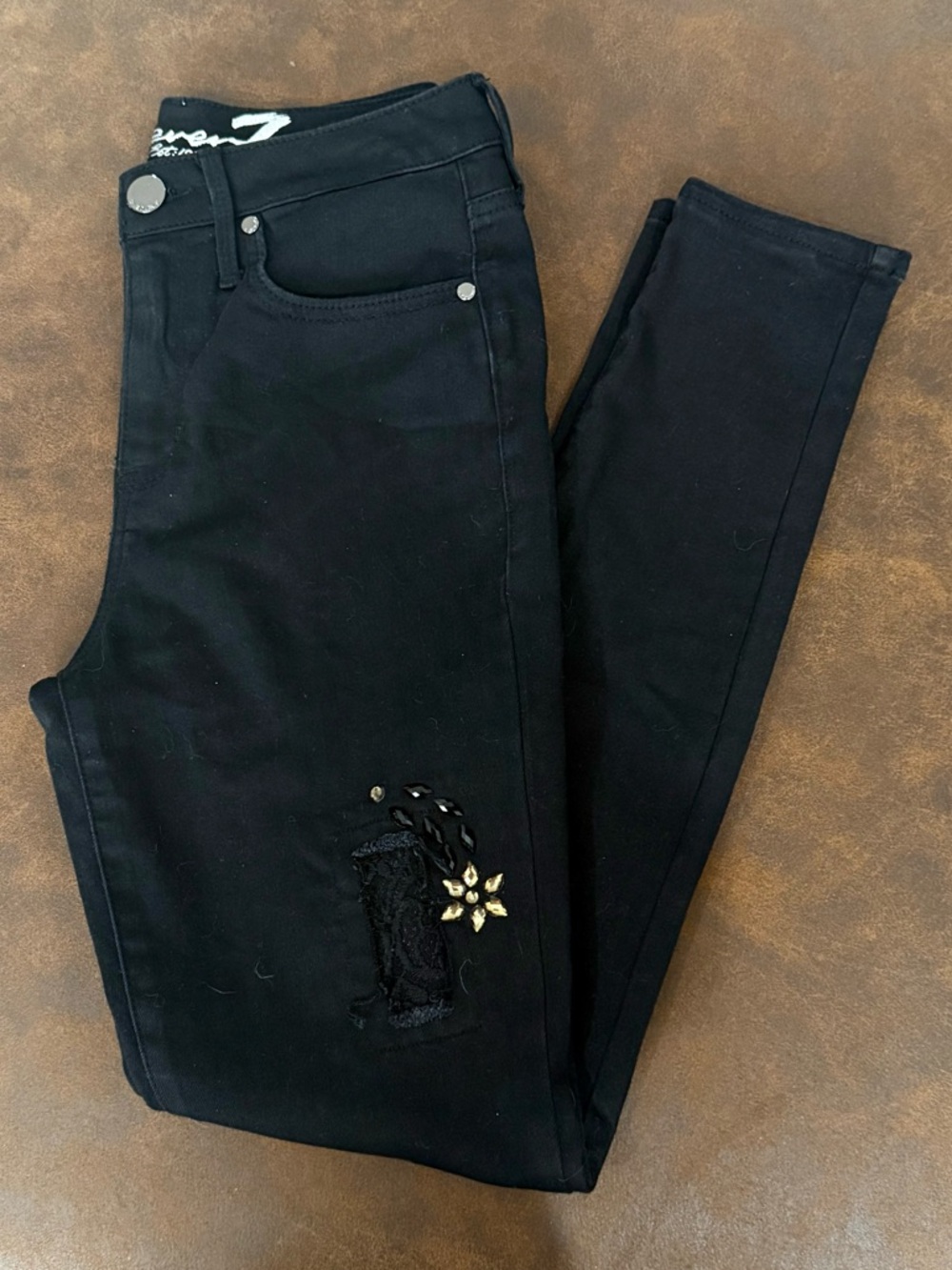 Seven7 Black Embellished High Rise Distressed Skinny Jeans